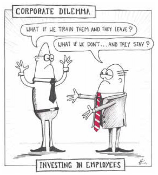 A cartoon depicting the dilemma of investing in training employees 